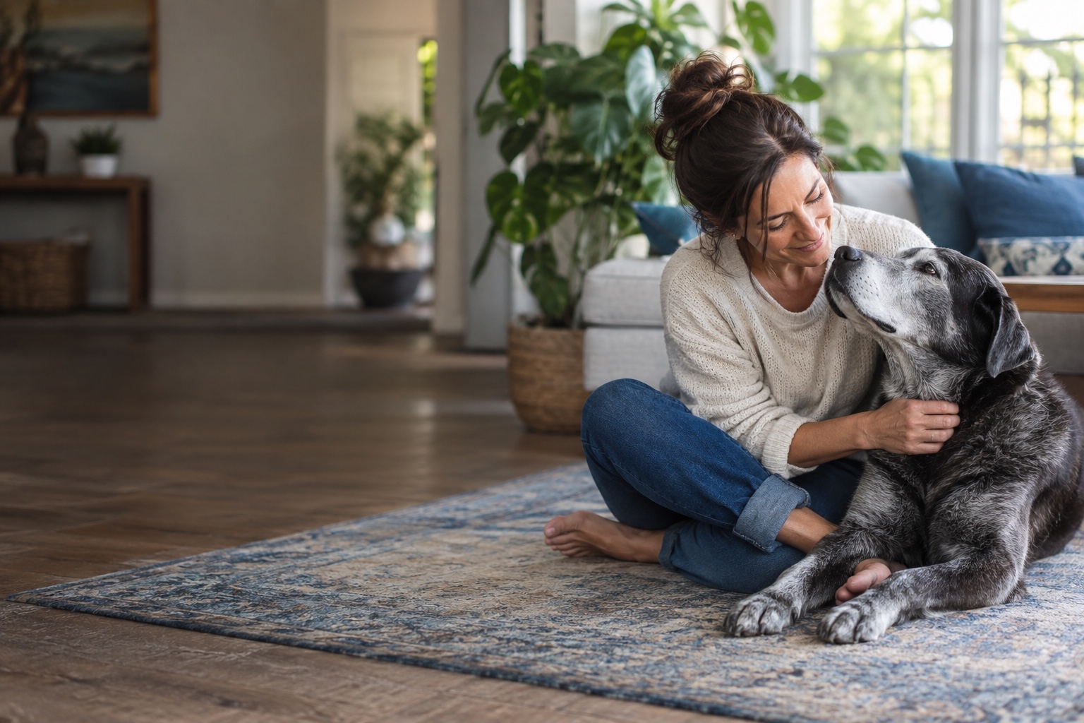 A person sharing a quiet moment at home with a senior dog